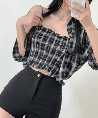 Arham Casual Checkered Women Black Top