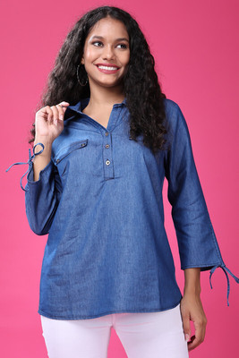 Feyona Casual Solid Women Blue Top