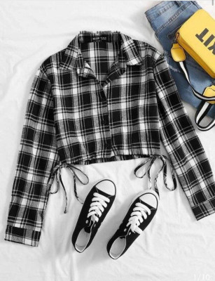 Just Fab Casual Checkered Women Black Top