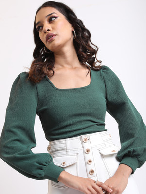 Tokyo Talkies Casual Self Design Women Green Top