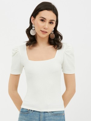 HARPA Casual Short Sleeve Solid Women White Top