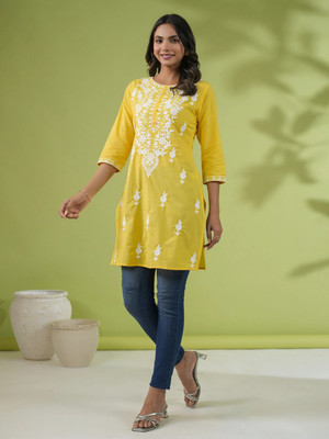 Janasya Casual Embroidered Women Yellow Top