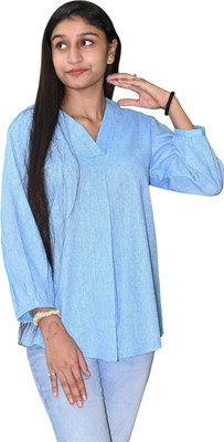 ALL ABOUT POSHAAK Casual Printed Women Light Blue Top