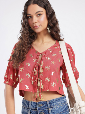fusion by glitchez Casual Printed Women Red Top