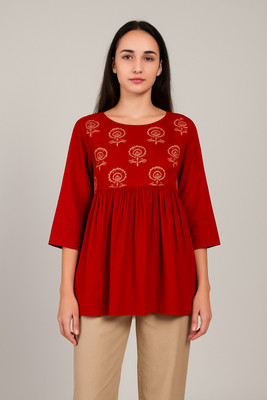 METRONAUT Casual Self Design Women Red Top