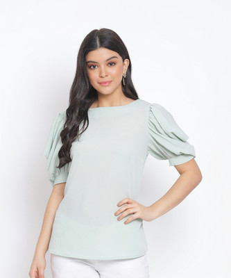 OXOLLOXO Casual Half Sleeve Solid Women Green Top