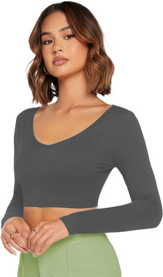 THEBLAZZEE Casual Solid Women Silver Top