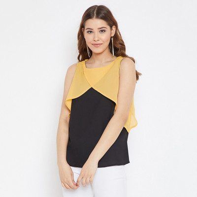 PURYS Casual No Sleeve Color Block Women Black Top