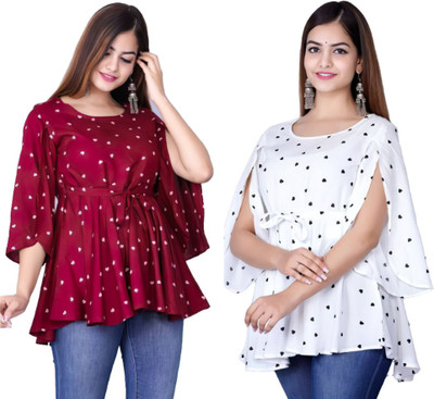 DMT Ethnic Party Printed Women White, Maroon Top