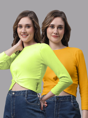 FBAR Casual Self Design Women Yellow, Light Green Top