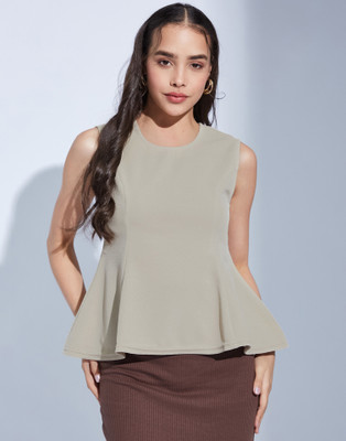 Moda Rapido Casual Solid Women Beige Top