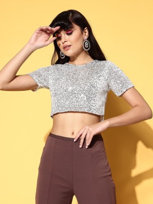 SASSAFRAS Party Embellished Women Silver Top