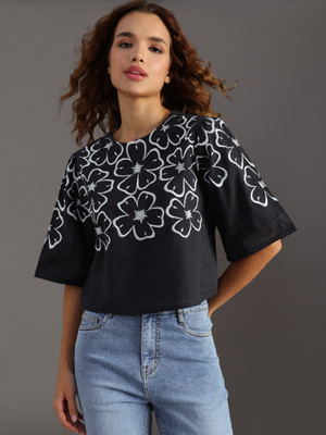 LIMEROAD Casual Self Design, Embroidered Women Black Top