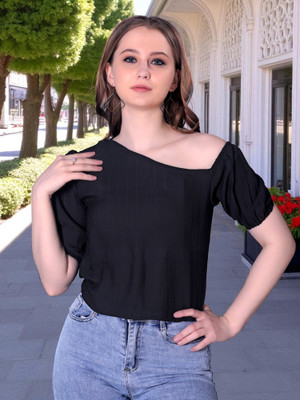 KATLINE Casual Self Design Women Black Top