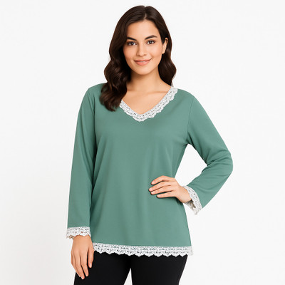 MADHAVMART Casual Solid, Lace Women Green Top