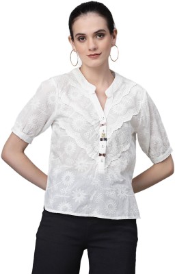 GLOBAL REPUBLIC Casual Embroidered Women White Top