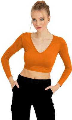 THE BLAZZE Casual Solid Women Orange Top