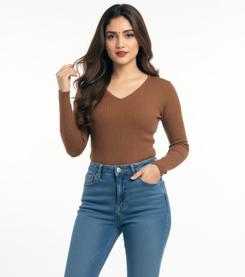 SHOPVYA Casual Solid Women Brown Top