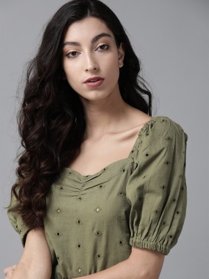 Roadster Casual Embroidered Women Green Top