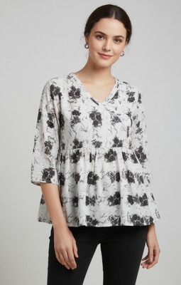 Solut Casual Floral Print, Printed Women White Top