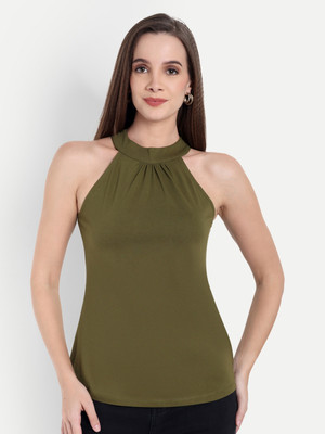 FairLeaf Casual Solid Women Dark Green Top
