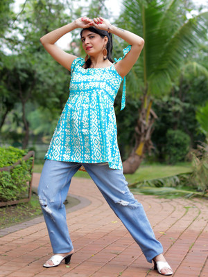 Anmi Printed Women Anarkali Kurta(Light Blue)