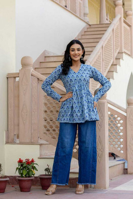 Vrishabhanulali Formal Printed Women Blue Top