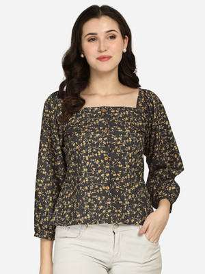 Ghunawali Casual Floral Print Women Black Top
