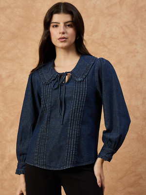 DRAPE AND DAZZLE Casual Solid Women Dark Blue Top