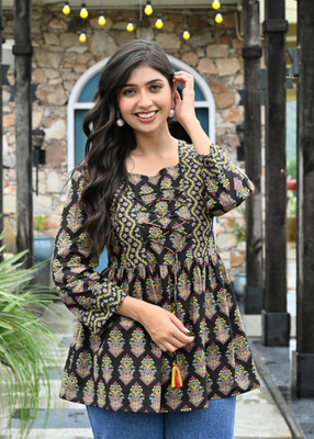 GN FASHION Casual Printed, Embroidered, Floral Print Women Black Top