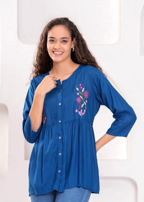 Highlight fashion export Casual Embroidered Women Blue Top
