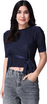 POPWINGS Casual Striped Women Dark Blue Top