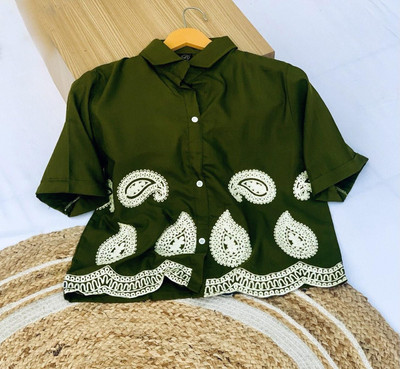 HIYAN TEXTILES Casual Embroidered Women Dark Green Top
