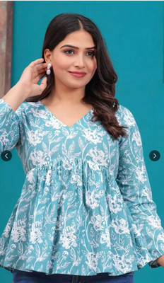 HARANANT Casual Floral Print Women Light Blue, White Top