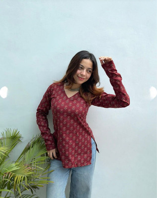 Chetan Textile Party Printed Women Maroon Top