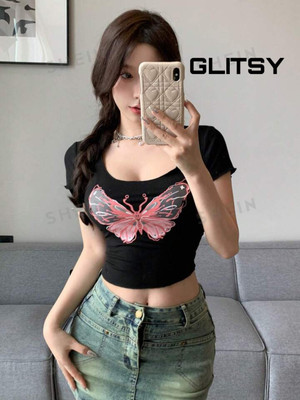 glitsy Casual Printed, Self Design Women Black Top
