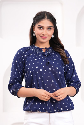 Pittra4ever Casual Printed Women Dark Blue Top