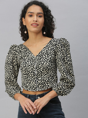 SHOWOFFFF Casual Printed Women Black Top
