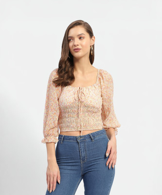 MADAME Casual Floral Print Women White, Pink Top