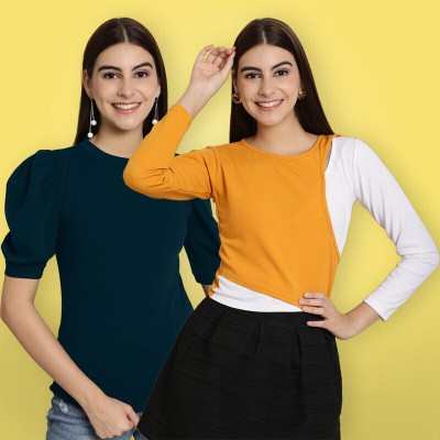 METRONAUT Casual Solid Women Dark Blue, White, Yellow Top