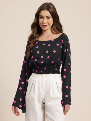 HERE&NOW Casual Polka Print Women Black Top
