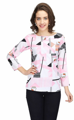 KNKeSERVICES Casual Geometric Print, Checkered Women White Top
