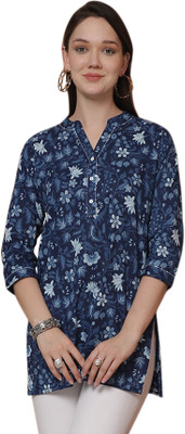 HouseOfCommon Women Floral Print Straight Kurta(Blue)