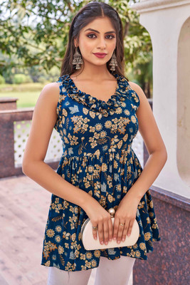 EVAROO Women Printed Flared Kurta(Blue)