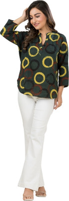 Crazy Needle Casual Geometric Print Women Green Top