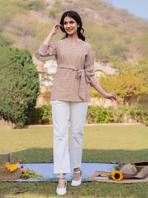 Yufta Casual Embroidered Women Brown, White Top