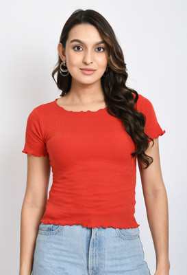 GLOWIC Casual Solid Women Red Top
