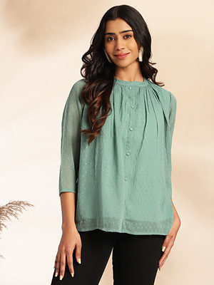 Janasya Casual Self Design Women Green Top