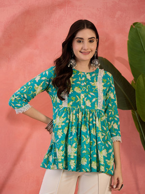 Sangria Casual Floral Print Women Light Blue Top