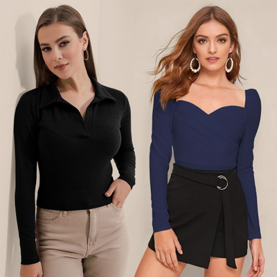 NAVYANKAA Casual Solid Women Dark Blue Top